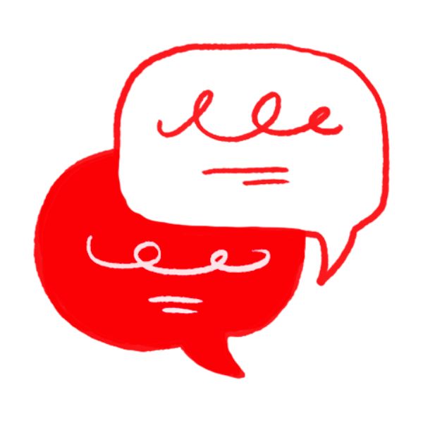 Red and white speech bubbles illustration.