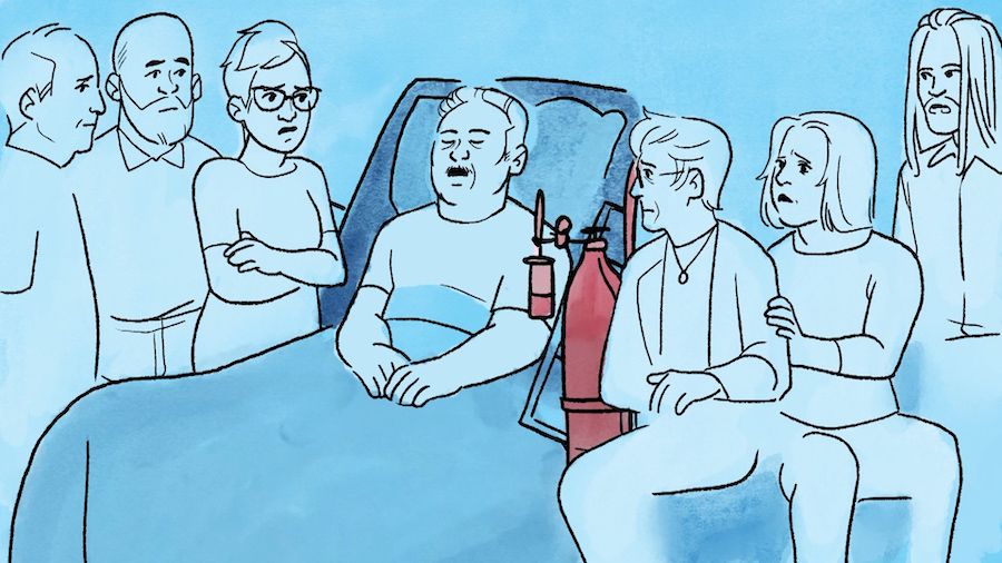 A blue illustration of an older man with white hair and a mustache lying in a raised bed with a red oxygen tank, surrounded by six family members to his left and right, who look at him with concern.