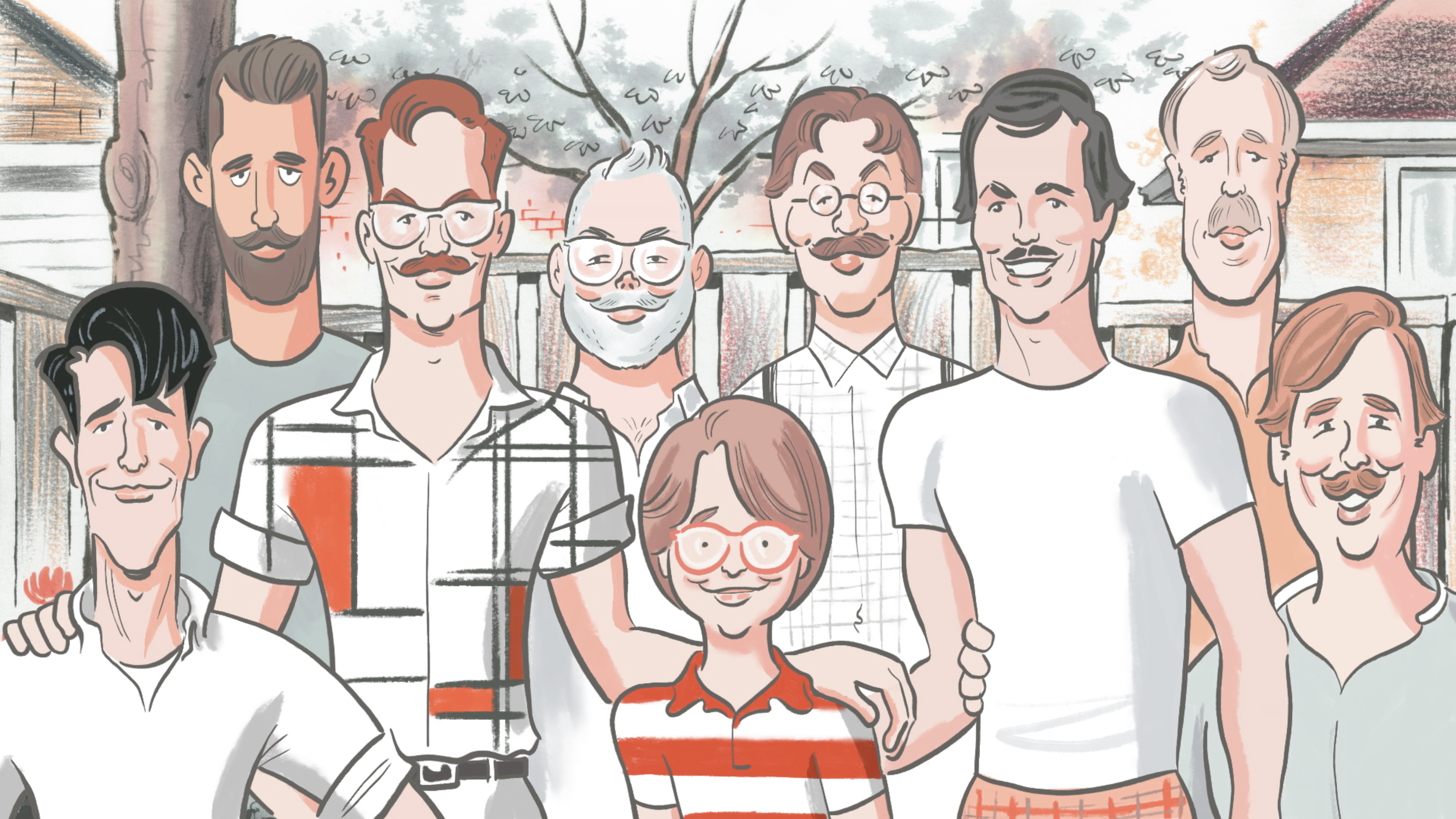 An illustration of a young white boy with a round haircut, big red glasses, and a red-and-white striped shirt, surrounded by eight white men in front of a picket fence. They are all smiling at the viewer.